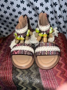 Boho Beaded Tassel Sandals - Brown & Beige with Lime Accents